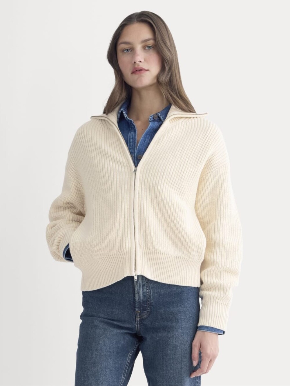 Everlane The Full-Zip Chunky Knit Sweater Cardigan in Everyday Organic Cotton L